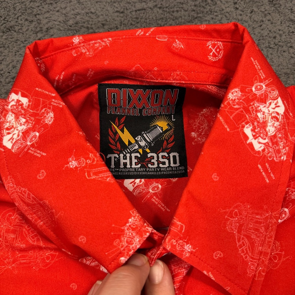 Dixxon Flannel Company Shirt‎ Mens Large Red The 350 Engine Print Button Up NWT - Picture 3 of 10